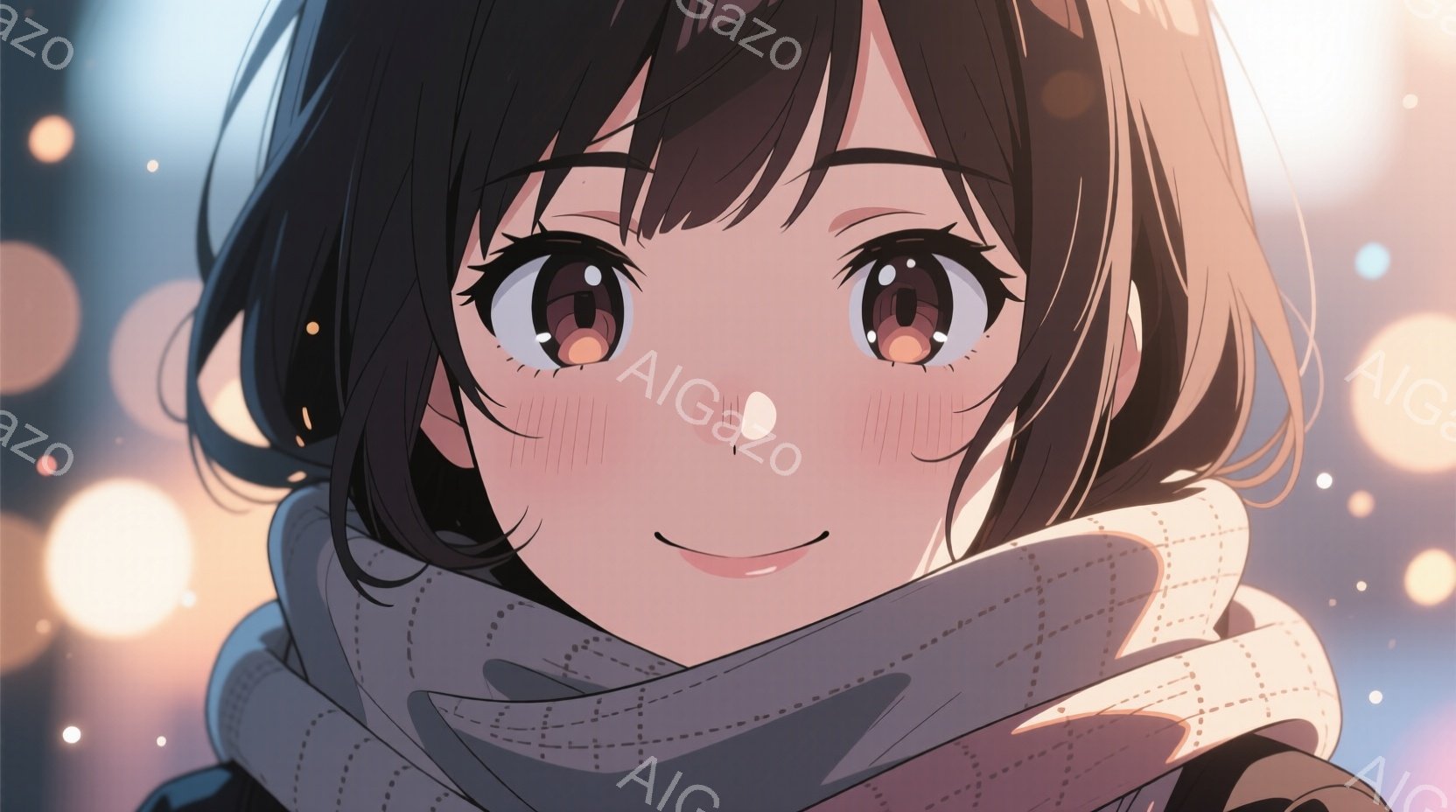 少女は肩までの中波状の髪で、前髪が少し眉にかかっています。彼女は微笑んでおり、頬はわずかに赤らんでいます。白い水玉模様のスカーフが首に巻かれ、背景にはぼやけた光の玉が散りばめられ、温かく穏やかな雰囲気を醸し出しています。