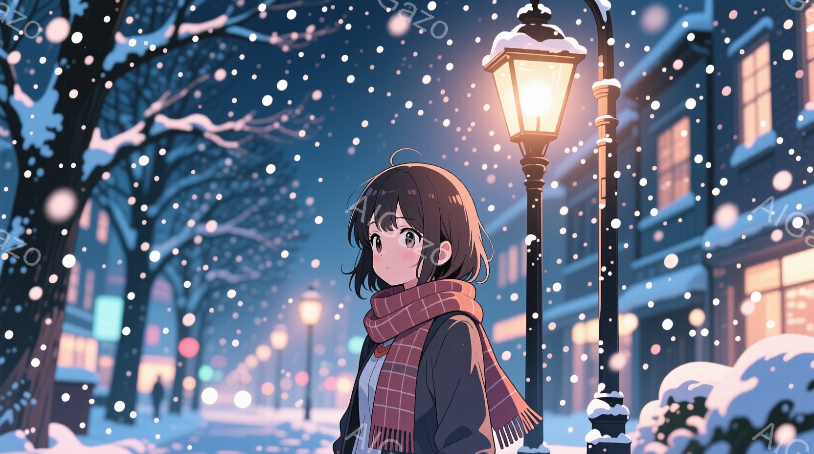 雪が降る夜の街並みを背景に、茶色の短い髪の少女が立っている。彼女は赤いマフラーを首に巻き、冬のコートを着ており、少し寂しげな表情をしている。背景には雪で覆われた建物や街灯があり、全体的に静かで幻想的な雰囲気が漂っている。