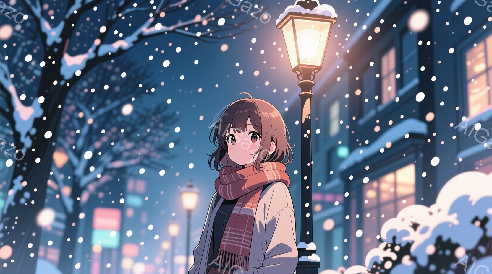 少女は白いジャケットと赤い縞模様のマフラーを身につけ、少し上目遣いに穏やかな表情で立っている。背景には雪が降り積もる街並み、点灯した街灯、そして暖色の光が灯る建物が見え、冬の静かで幻想的な雰囲気を醸し - AI生成フリー素材