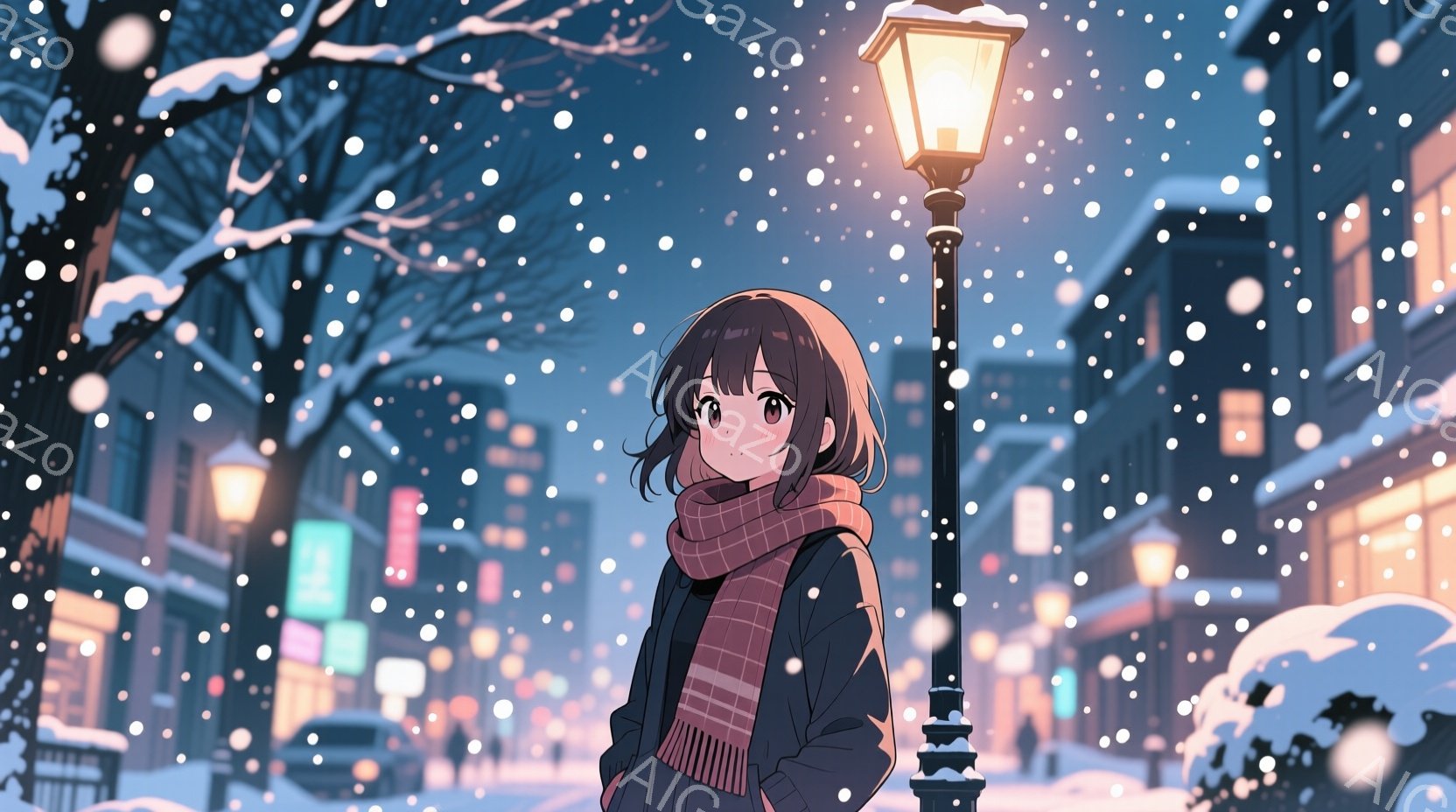 短い茶色の髪の少女が、雪が降る街並みを背景に立っている。彼女は黒いジャケットと赤いストライプの入ったマフラーを身につけ、少し恥ずかしそうな表情で下を見ている。背景には、雪に覆われた建物や街灯が並び、暖かく幻想的な冬の雰囲気を醸し出している。