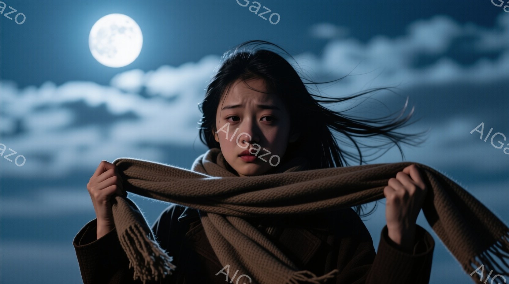 長い黒髪が風になびき、茶色のコートとマフラーを身につけた若い女性が写っている。女性はわずかに口を開け、何かを恐れているか、驚いているかのような表情をしている。背景には青い空と雲、そして明るい満月が見え - AI生成フリー素材