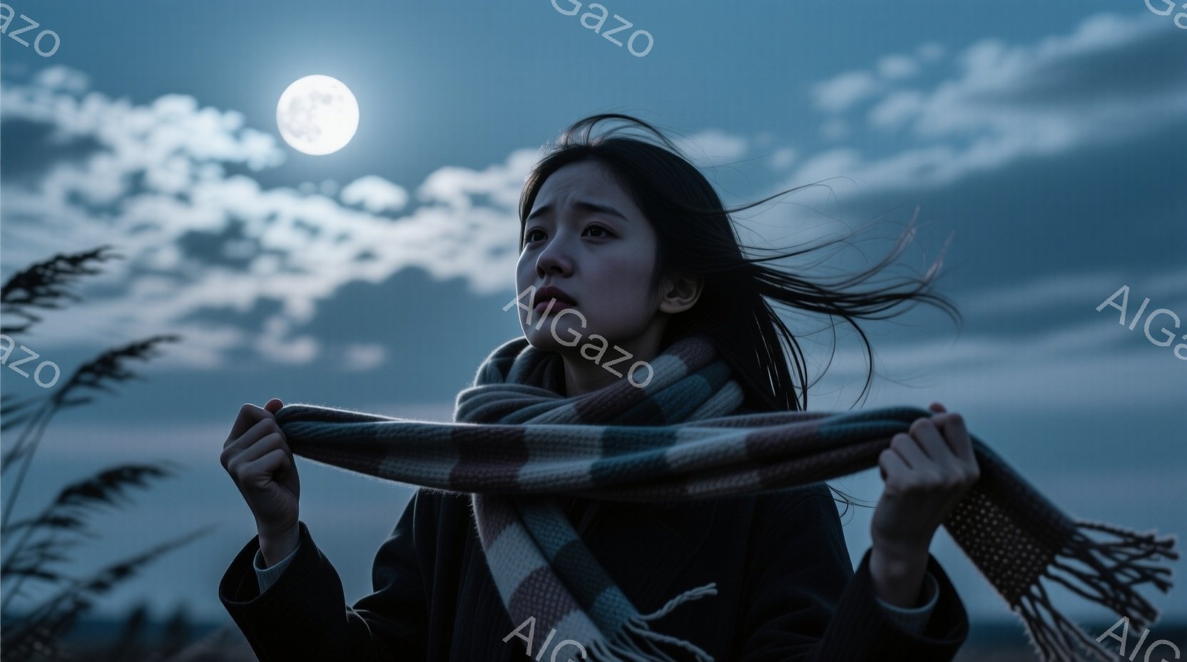 長い髪が風になびき、チェック柄のショールを首に巻いた女性が写っている。彼女は少し上を見上げ、憂いを帯びた表情をしている。背景には青い空と、輝く満月、そして草の茂みがぼんやりと見える、静かで寂しげな雰囲気の画像である。