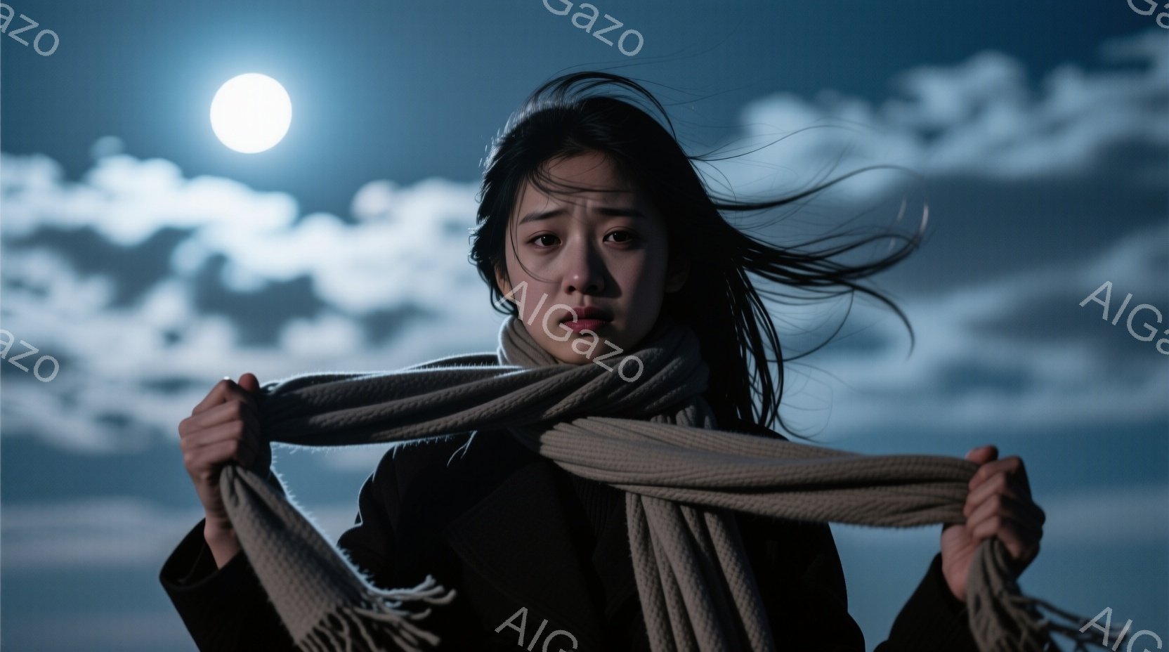 長い黒髪が風になびき、白いマフラーを両手で強く掴んだ若い女性が写っている。彼女は黒いコートを着ており、少し悲しげで不安そうな表情をしている。背景には暗い空と月、そして雲が広がっており、全体的に寂しげで - AI生成フリー素材