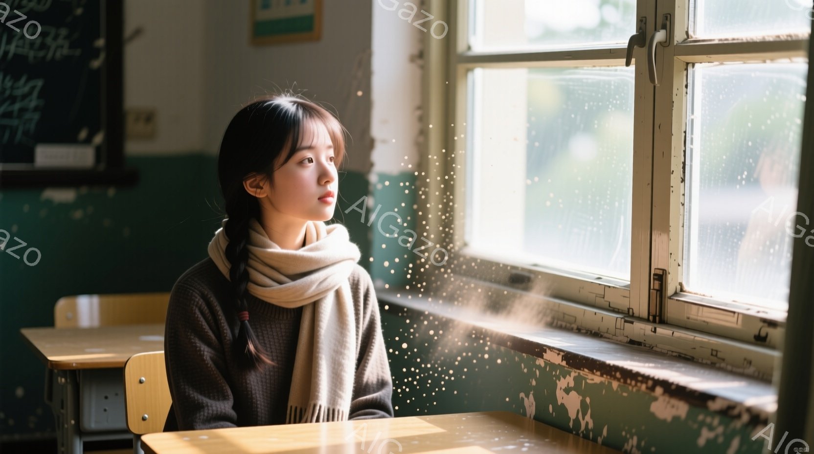 少女は窓辺に座り、外を見つめている。ベージュのセーターに白っぽいスカーフを巻き、髪は肩までの長さで、少しウェーブがかかっている。背景は教室で、窓の外は雪が降っており、室内は少し寂しげな雰囲気が漂っている。
