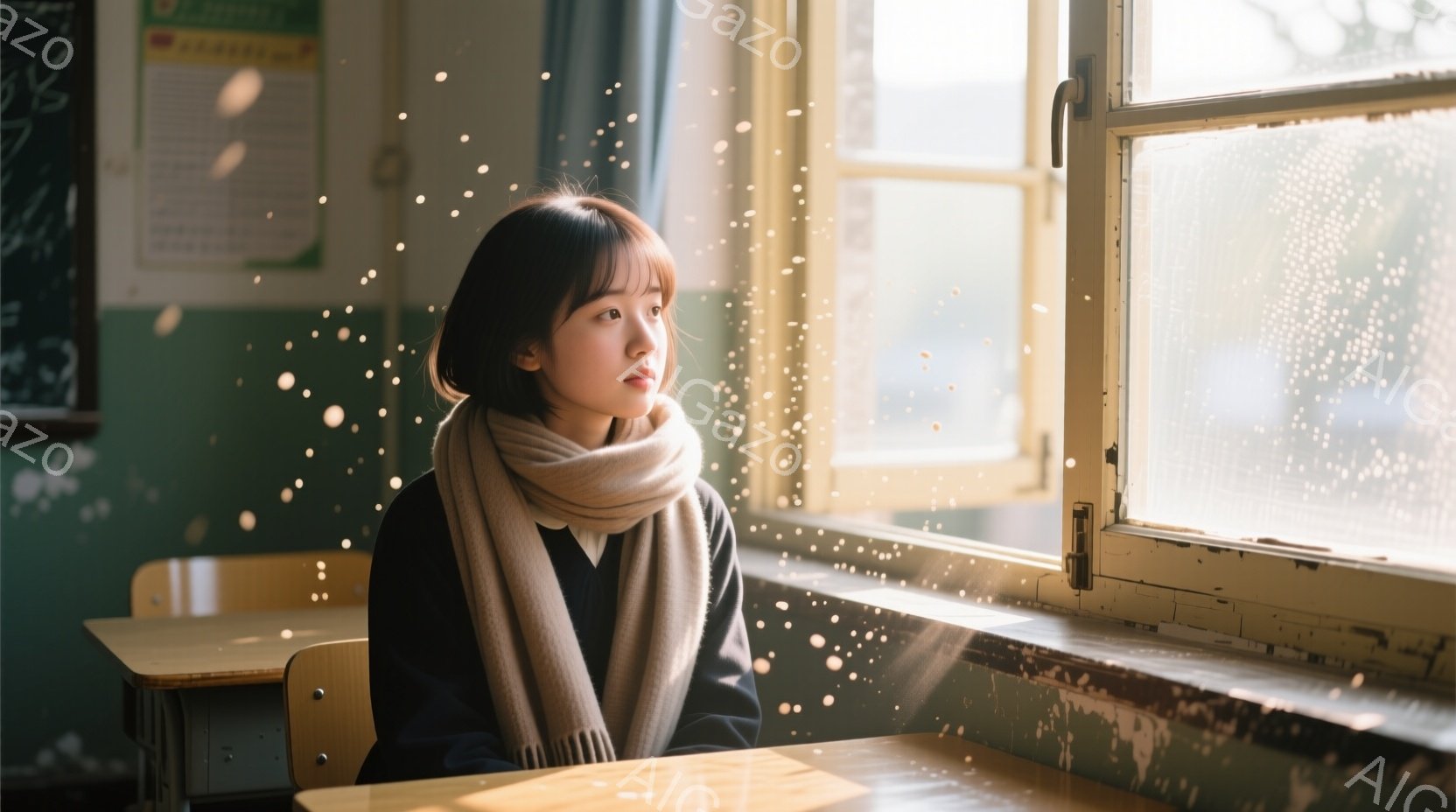 少女は窓辺に座り、外を眺めている。ベージュのショールを首に巻き、紺色のセーターを着ている。窓の外は雨が降り、教室の窓ガラスには雨粒が光り、少し物憂げな雰囲気を醸し出している。 - AI生成フリー素材