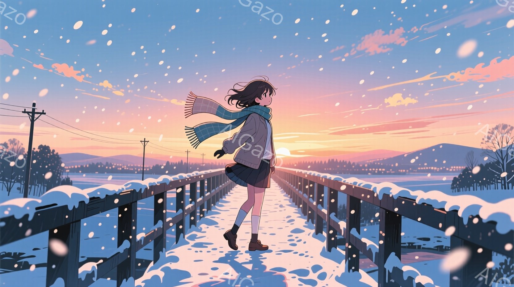 長い橋の上を、短いスカートとブーツを履いた少女が歩いている。彼女は白いセーターと水色のストールを身につけ、髪は肩まで伸びた茶色で、後ろで軽く揺れている。背景には雪景色が広がり、遠くに山々と夕焼け空が広がっている。