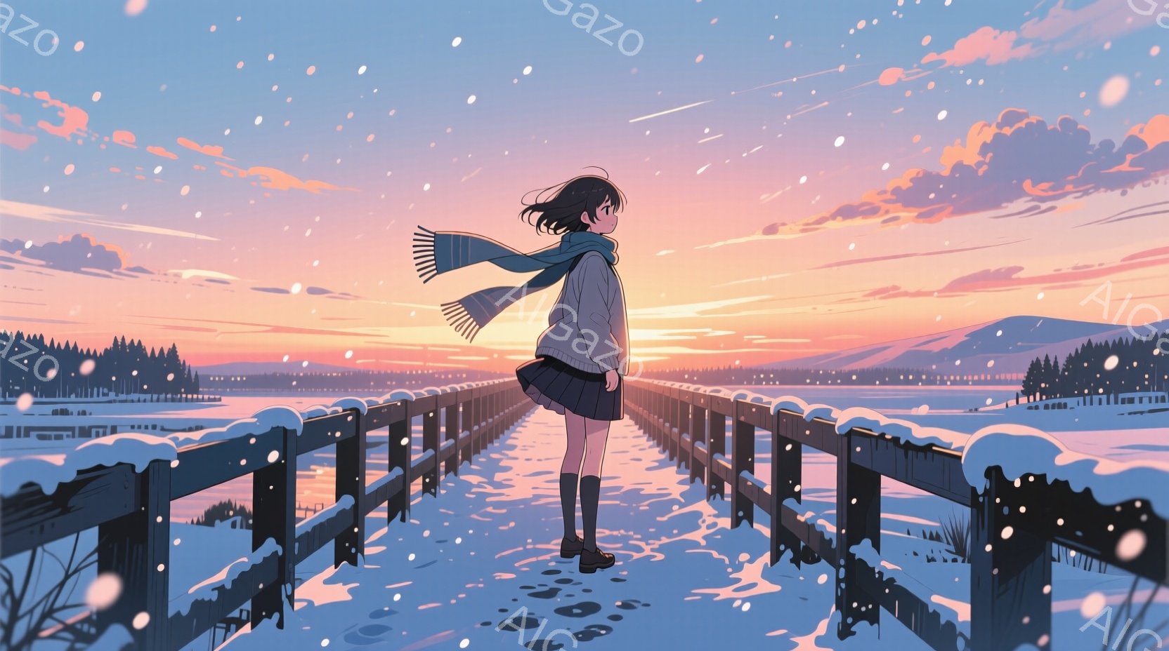 雪に覆われた橋の上を、少女が一人立っている。黒髪を肩まで伸ばし、白いセーターと黒いスカート、膝まである靴下を履き、首には淡いピンクのストールを巻いている。背景には雪景色が広がり、夕焼け空がオレンジとピ - AI生成フリー素材