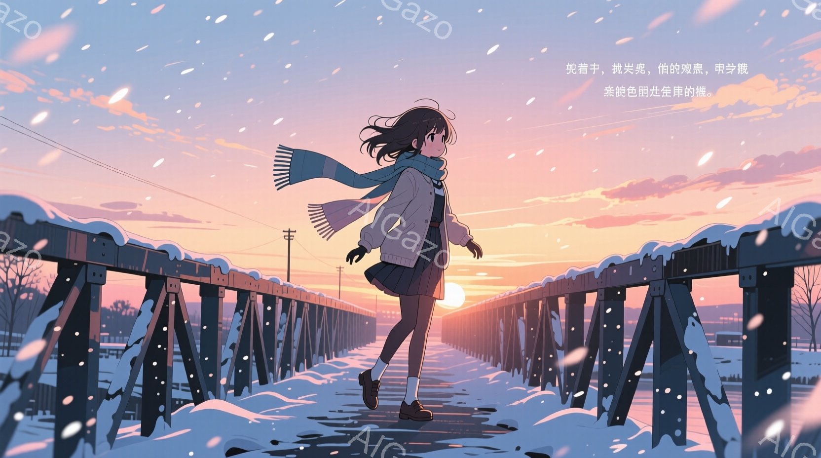 雪が降る鉄製の橋を歩く少女が描かれています。彼女は濃い色のセーターにスカート、ブーツを履き、首にふわふわの白いマフラーを巻いています。背景は夕焼けに染まり、遠くには建物と裸の木々が見え、全体的にノスタ - AI生成フリー素材