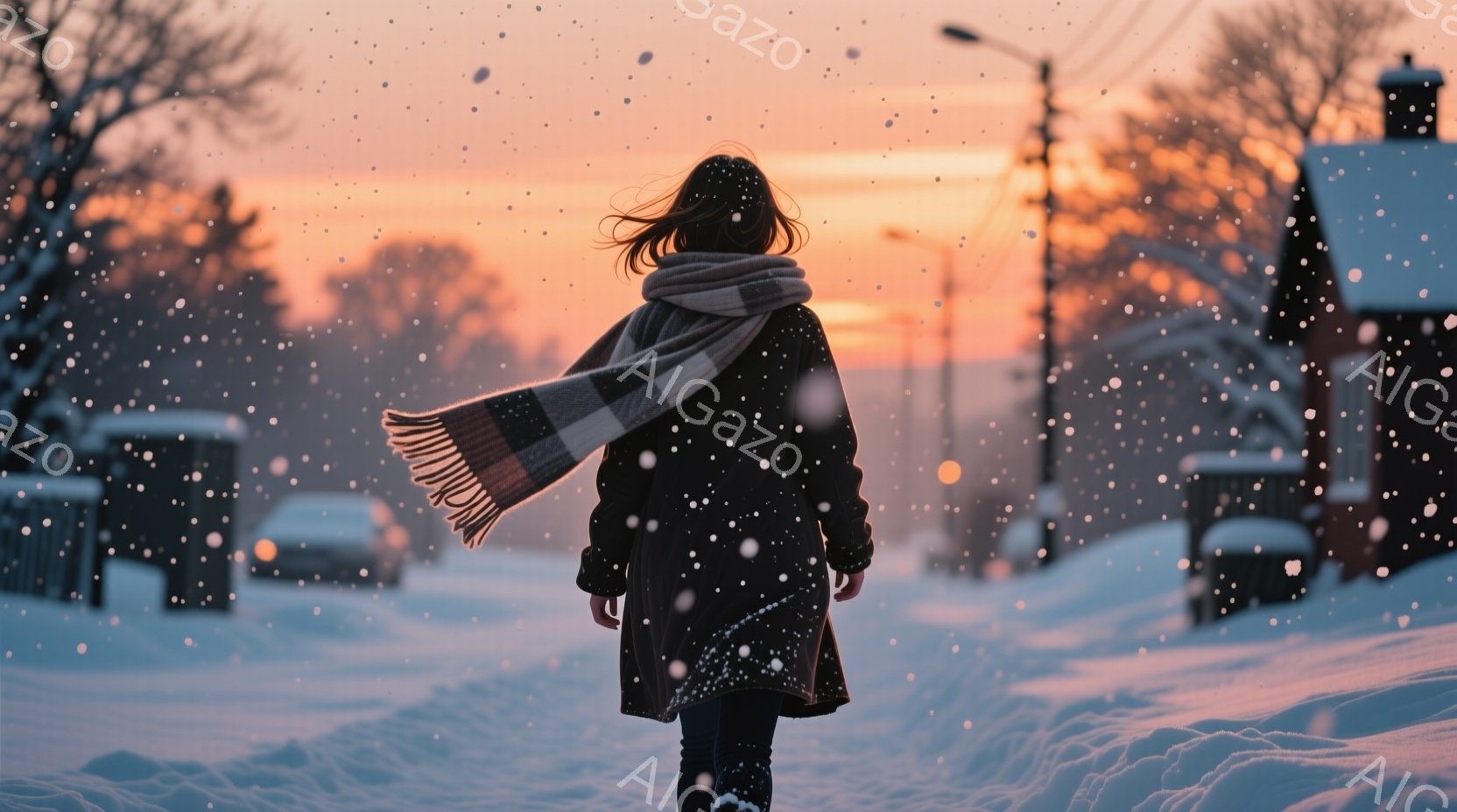 雪が降る並木道で、茶色のコートとチェック柄の暖かそうなマフラーを巻いた女性の後ろ姿が描かれている。彼女は前かがみにならず、まっすぐに歩いている様子で、周囲の雪景色と暖かい色合いの夕焼けが、静かで穏やか - AI生成フリー素材