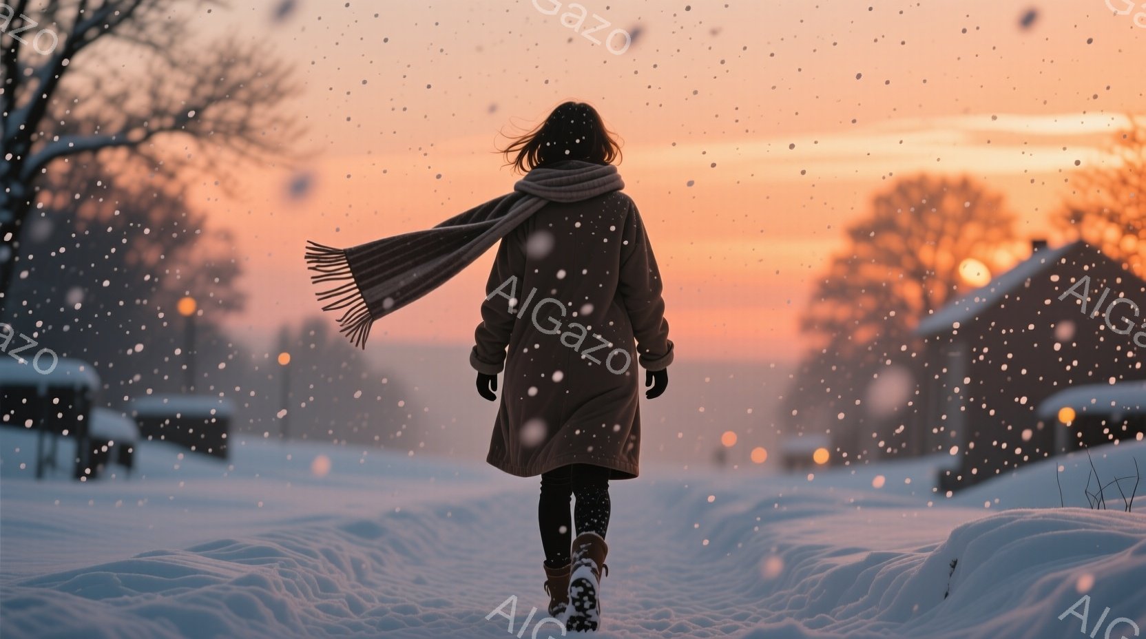 長い茶色のコートと黒い手袋を身につけた女性が、雪に覆われた道を歩いている後ろ姿が描かれている。彼女の髪は長く、風になびき、暖かい雰囲気のオレンジとピンクの夕焼け空が背景に広がり、静寂と安らぎを感じさせ - AI生成フリー素材