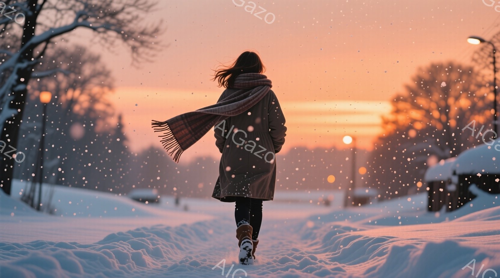 雪に覆われた道を進む女性の後ろ姿が描かれている。彼女はロングコートとブーツを身に着け、風になびくスカーフをつけている。背景には、夕焼けに照らされた雪景色が広がり、穏やかで少し物悲しい雰囲気を醸し出して - AI生成フリー素材