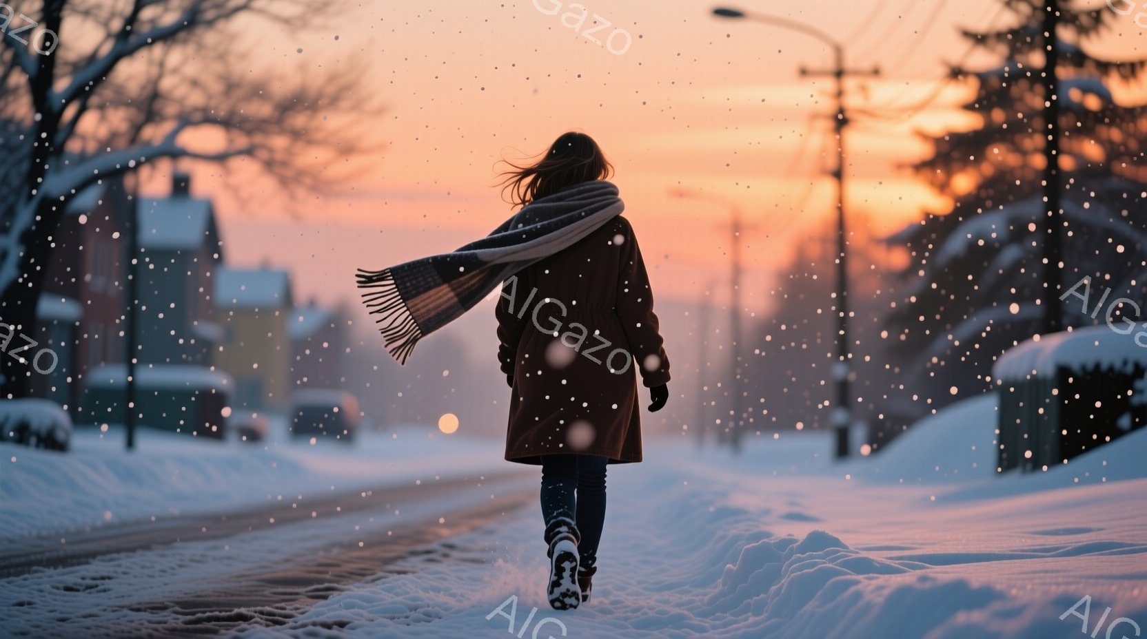 雪が降る住宅街を、女性が後ろ姿で歩いている。彼女は赤いコートと黒い手袋、そして風になびくストライプ柄の暖かいマフラーを身につけており、長い髪が背中に広がっている。背景には雪に覆われた家々と、夕焼けのようなオレンジとピンクの空が広がり、静かで穏やかな冬の雰囲気が漂っている。