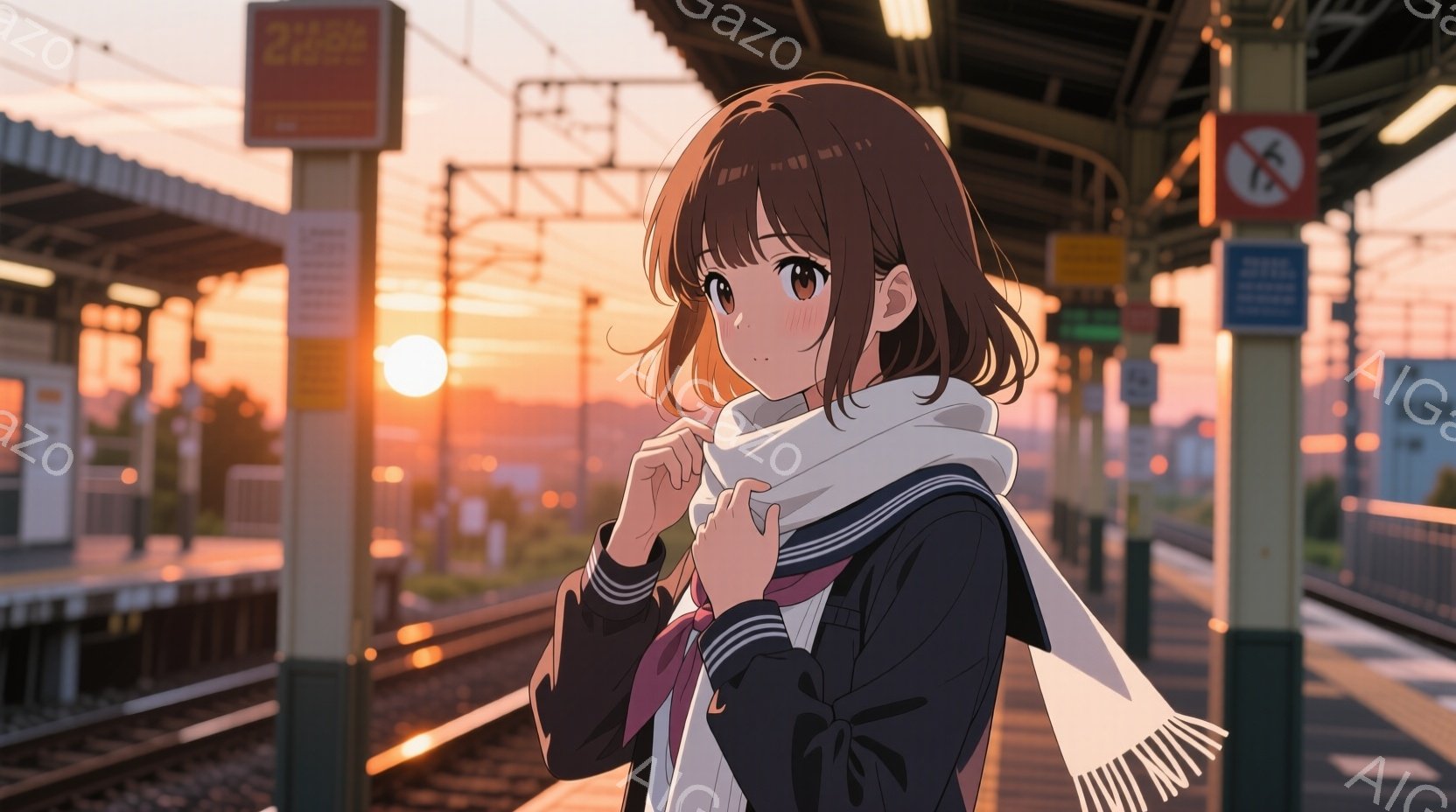 明るい茶色の髪を肩丈に切りそろえた少女が、紺色のブレザーに白いシャツ、そしてストライプの入ったスカーフを巻いて駅のホームに立っている。彼女は少し恥ずかしそうな表情で、スカーフの端を指でつまんでいる。背 - AI生成フリー素材