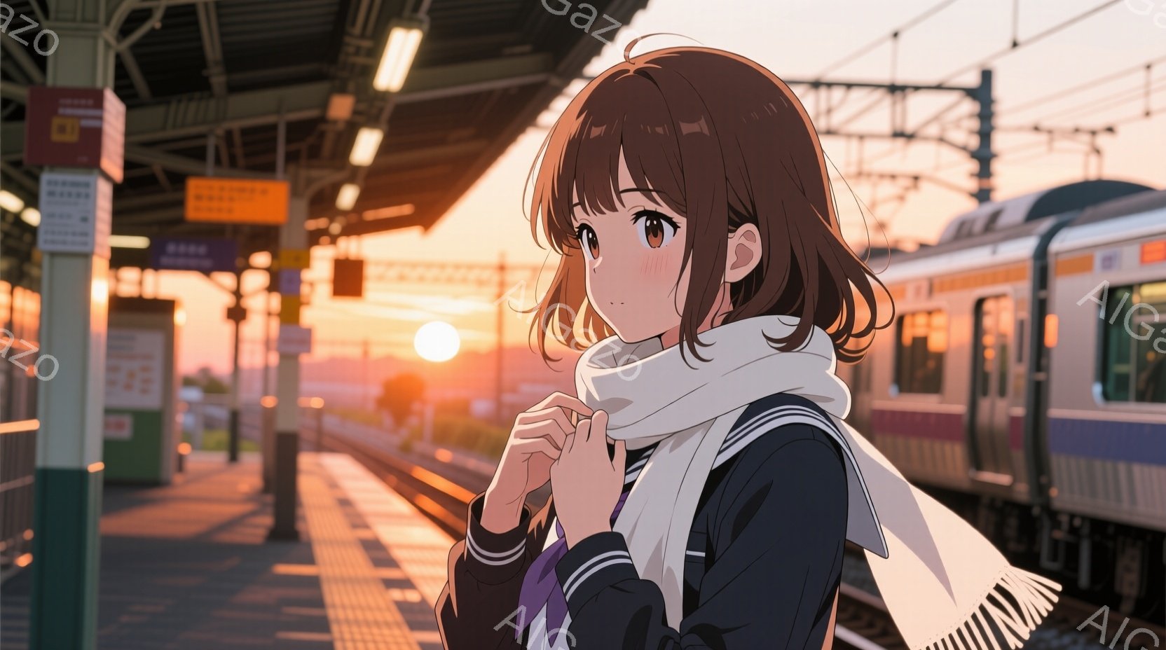 茶髪の少女が駅のホームに立っており、紺色のブレザーに白いマフラーを巻いています。彼女は少し内を向き、両手を重ねて抱え込むようにしています。背景には電車と夕焼けが広がり、温かく、少し寂しげな雰囲気を醸し出しています。