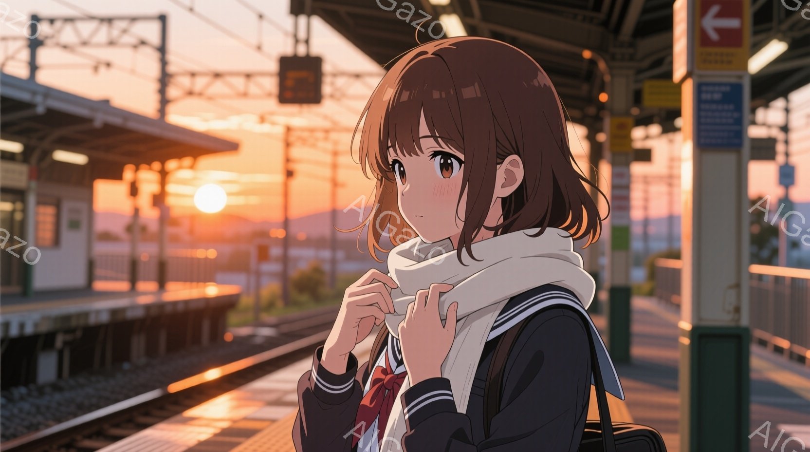 ショートカットの茶髪の少女が、白いマフラーを抱きかかえ、制服姿で駅のホームに立っている。夕焼け空の下、彼女は少し寂しげな表情で遠くを見つめており、背景には線路と駅の構造物が広がる。全体的に、温かくノス - AI生成フリー素材