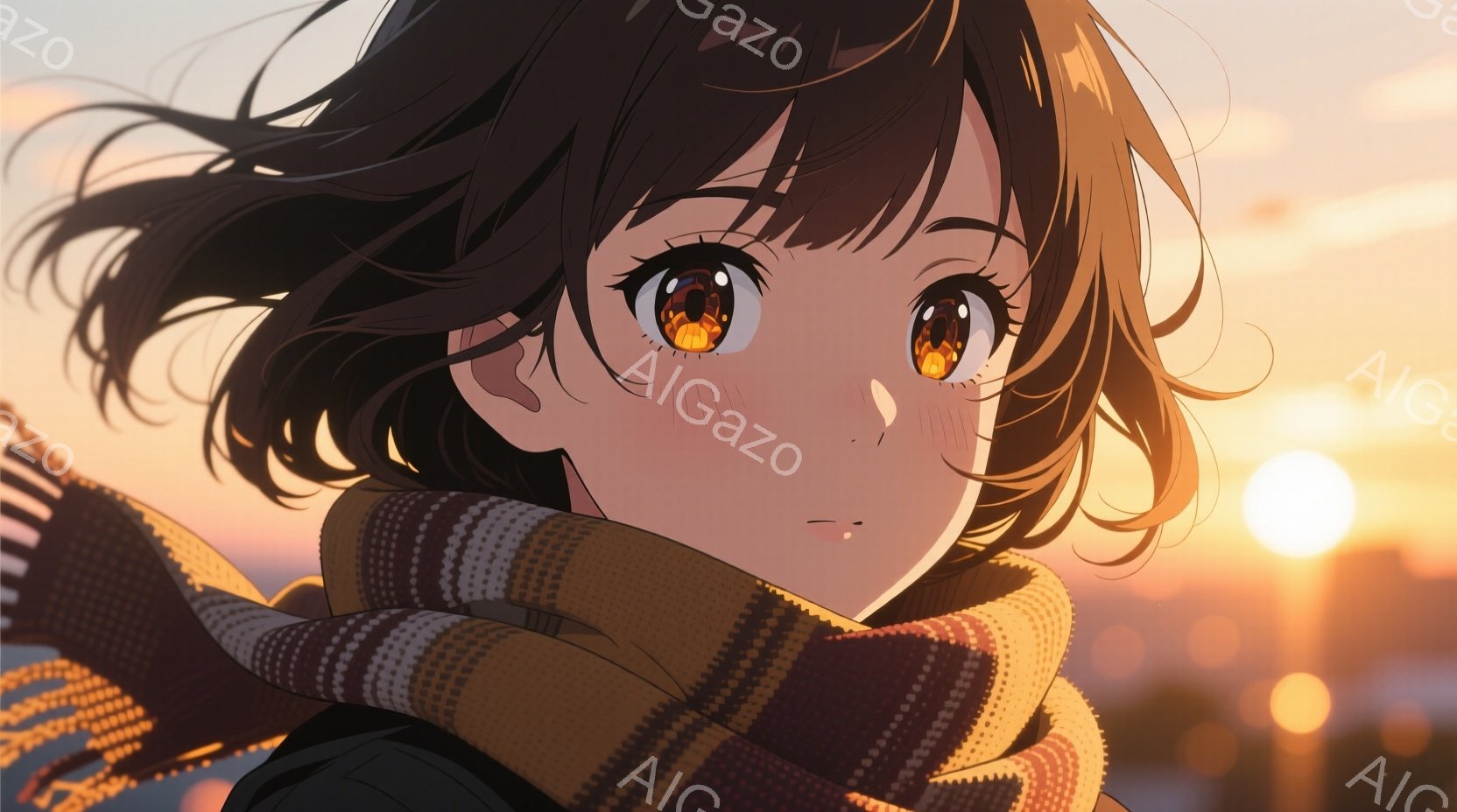 茶髪のウェーブがかった髪型をした若い女性が、赤と黄色の縞模様の暖かいマフラーを体に巻き付けています。彼女はわずかに微笑み、暖かく穏やかな表情をしています。背景には夕焼けの空とぼやけた都市の明かりが広が - AI生成フリー素材