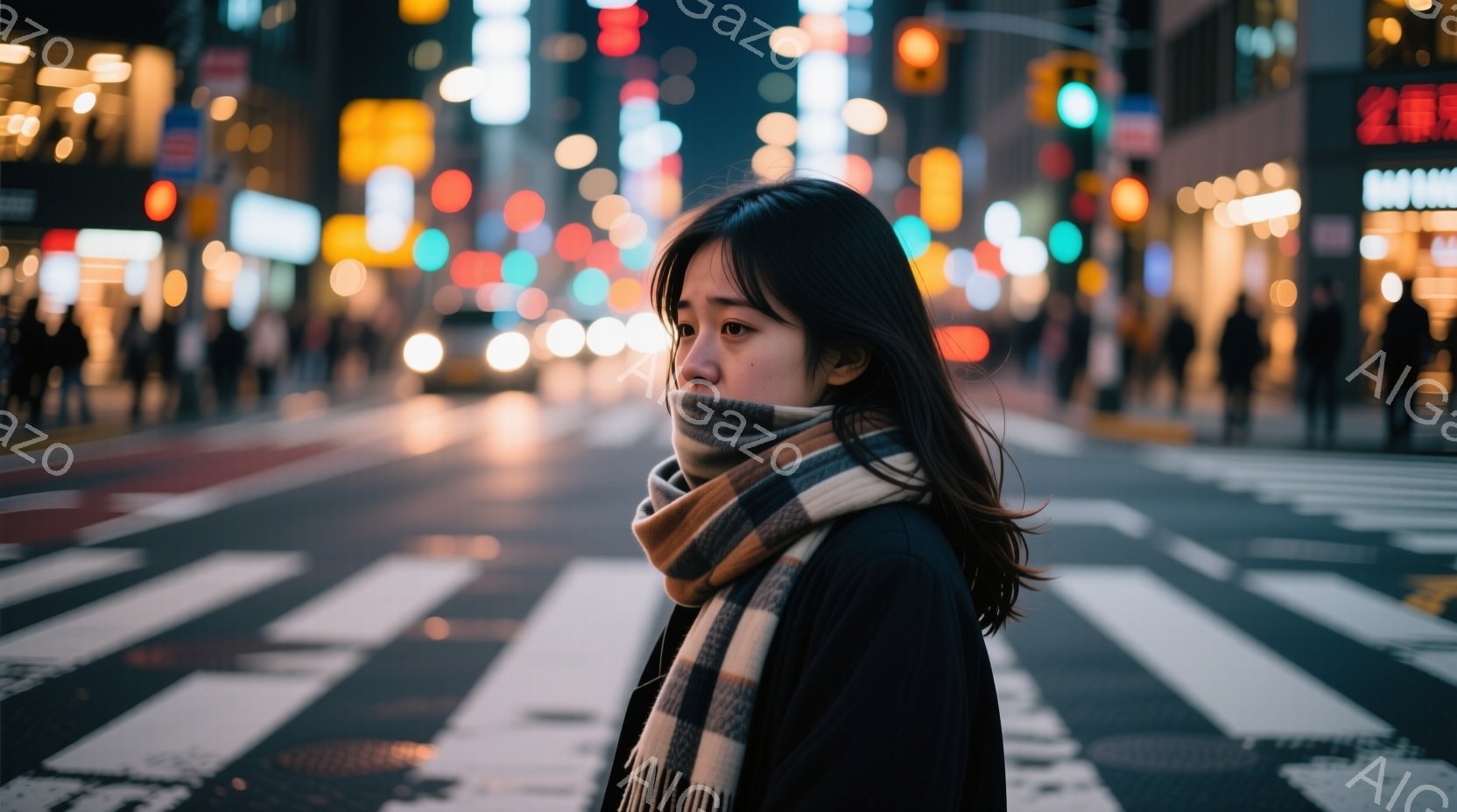 長い髪の女性が、街の横断歩道に立っている。彼女は黒いコートとチェック柄のマフラーを身につけ、やや物憂げな表情をしている。背景は夜の街並みで、多くの光がぼやけており、雨上がりの濡れた路面が反射している。 - AI生成フリー素材