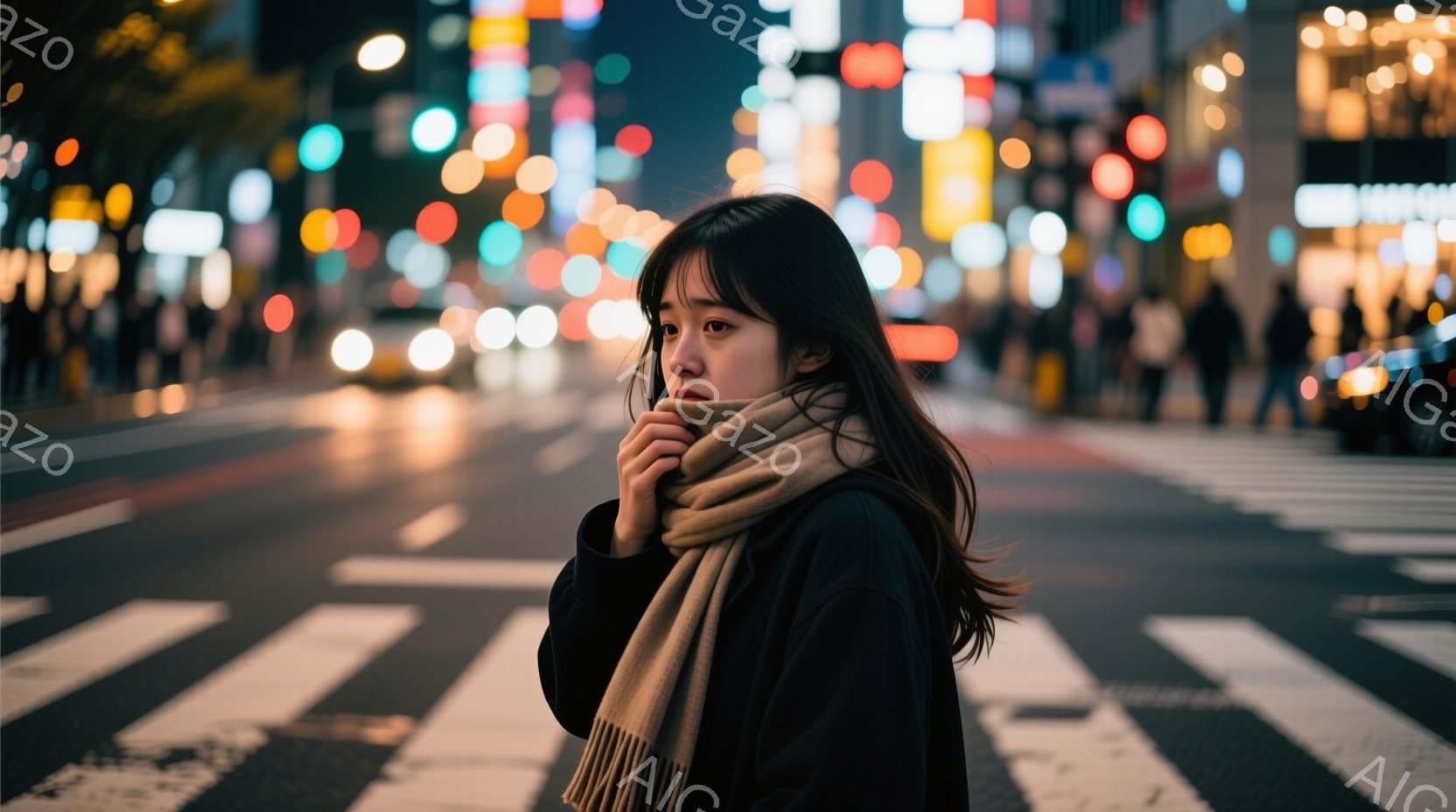 長い黒髪の女性が、街の横断歩道に立っている。彼女は黒いジャケットを着て、首にベージュ色のスカーフを巻いており、やや憂いを帯びた表情をしている。背景には、夜の街の光がぼやけて映り込み、少し肌寒い晩の雰囲 - AI生成フリー素材