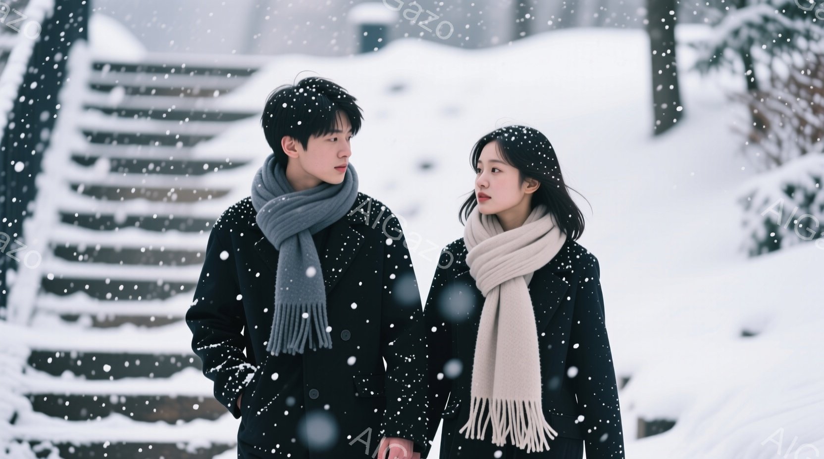 雪が降る中で、若い男女が並んで立っている。男性は黒いコートに灰色のマフラーを巻き、女性は黒いコートにクリーム色のマフラーを巻き、共に前を見据えている。背景には雪に覆われた木々と建物の影が見え、全体的に - AI生成フリー素材