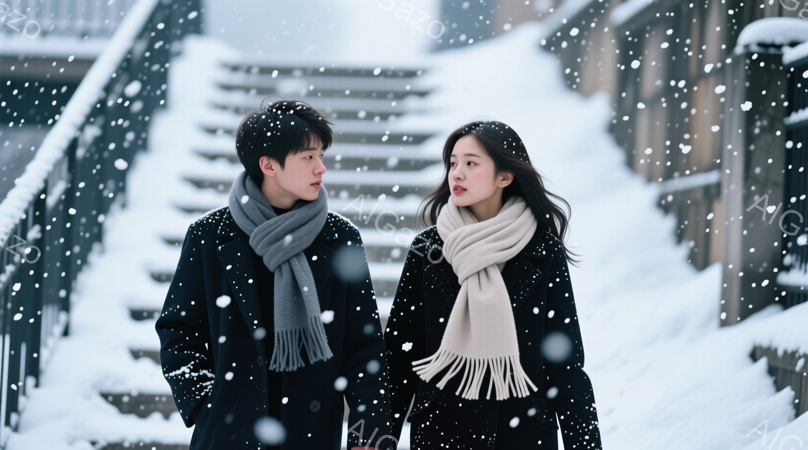 街並みが雪に覆われた冬の日に、男女が並んで歩いている。男性は黒いコートにグレーのスカーフ、女性は黒いコートにベージュのスカーフを巻き、少し厳しい表情をしている。背景には白い雪に覆われた建物が見え、全体 - AI生成フリー素材