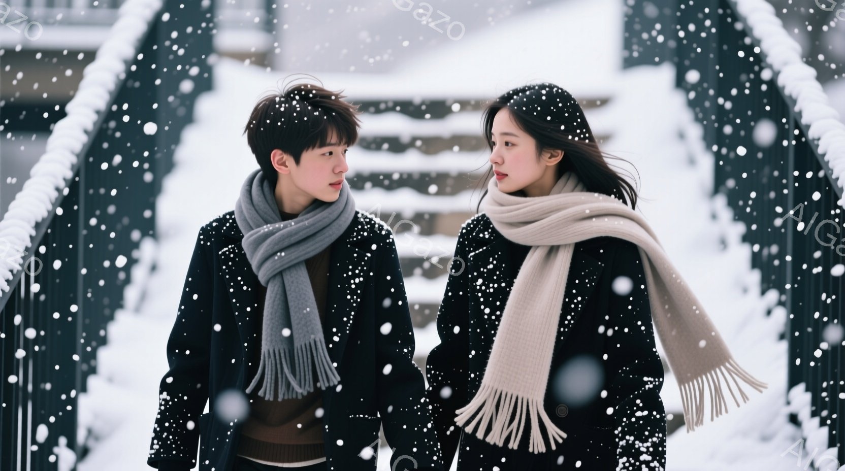 雪が降る中で、若い男女が並んで歩いている。男性は茶色のセーターと黒のコート、灰色のマフラーを身につけ、女性は黒のコートに白いマフラーを巻いている。二人は互いに顔を見合わせることなく、少し寂しげな表情で冬の風景の中を歩いている。