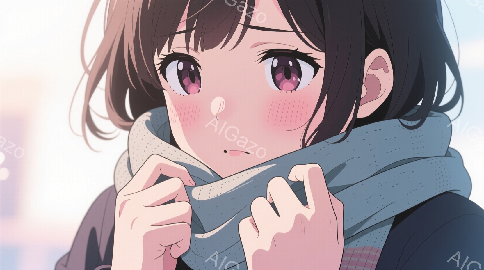 少女は青灰色のマフラーを両手で抱え込み、少し照れたような表情を浮かべている。彼女は黒髪のボブヘアで、瞳は鮮やかな紫色をしており、頬には薄い赤みが差している。背景にはぼやけた都市の建物が見え、空は淡いピンクと水色で柔らかい雰囲気を醸し出している。