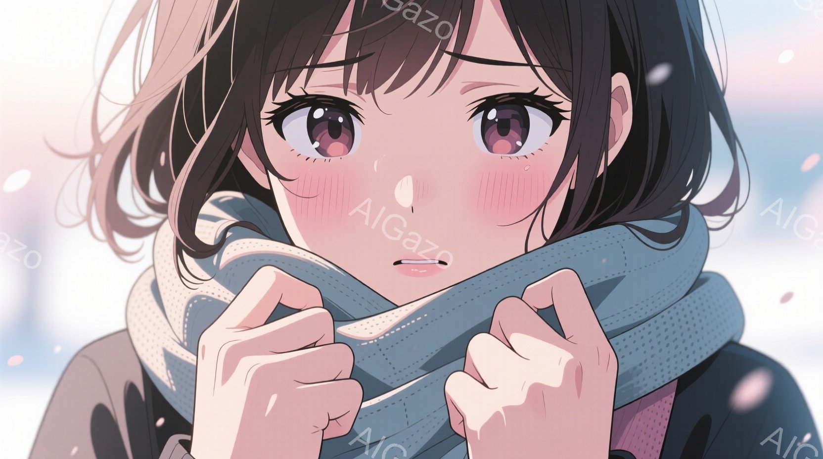 少女は青いマフラーを首に巻き、少し寒そうにしている様子が伺える。黒髪のウェーブヘアで、頬は赤らみ、困ったような表情をしている。背景にはぼやけた建物と、舞い散る雪が確認でき、冬の寒さと少女の繊細な感情が伝わってくる。