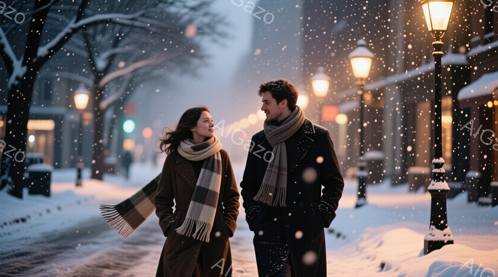 雪が降る街並みを、コートを着た男女が並んで歩いている。女性は長い髪を風になびかせ、チェック柄のマフラーを巻いている。男性は黒いコートを着ており、女性を見つめ、穏やかな表情をしている。 - AI生成フリー素材
