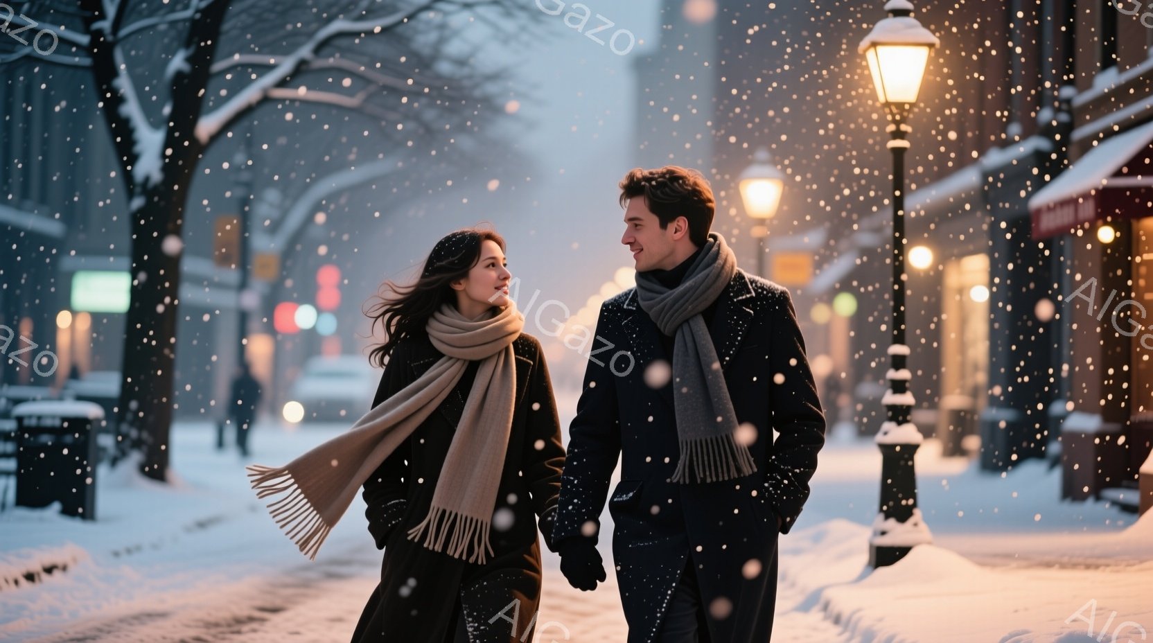 雪が降る街並みを、若い男女が手をつないで歩いている。女性は黒のコートにベージュのショールを巻き、長い髪が風になびいている。男性は黒いコートとグローブを着用し、女性を見つめながら微笑んでいる。