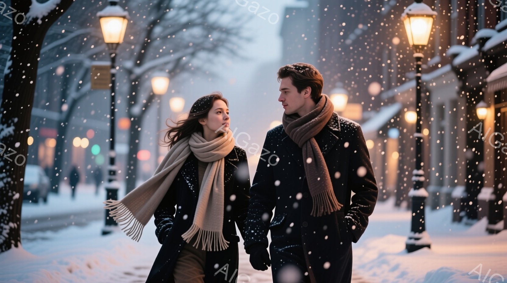 雪が降る街を、黒いコートを着た男女が並んで歩いている。女性は長い黒髪を風になびかせ、ベージュの暖かいマフラーを巻いており、少し微笑んでいる。男性は同じく黒いコートを着ており、同じ色のマフラーを巻いてい - AI生成フリー素材