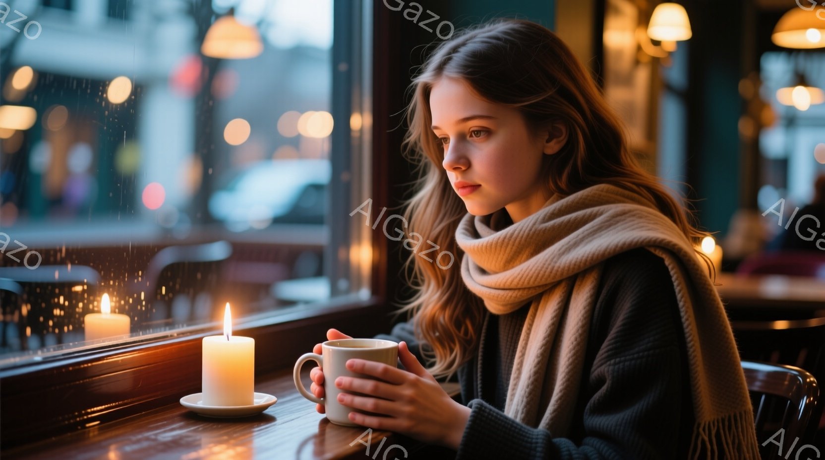 長い茶色の髪を無造作に肩にかけた若い女性が、窓際のテーブルで温かい飲み物を手にしている。彼女はグレーのセーターとベージュの巻き物を着用し、どこか物憂げな表情で外を眺めている。背景には雨の日の街並みと、 - AI生成フリー素材