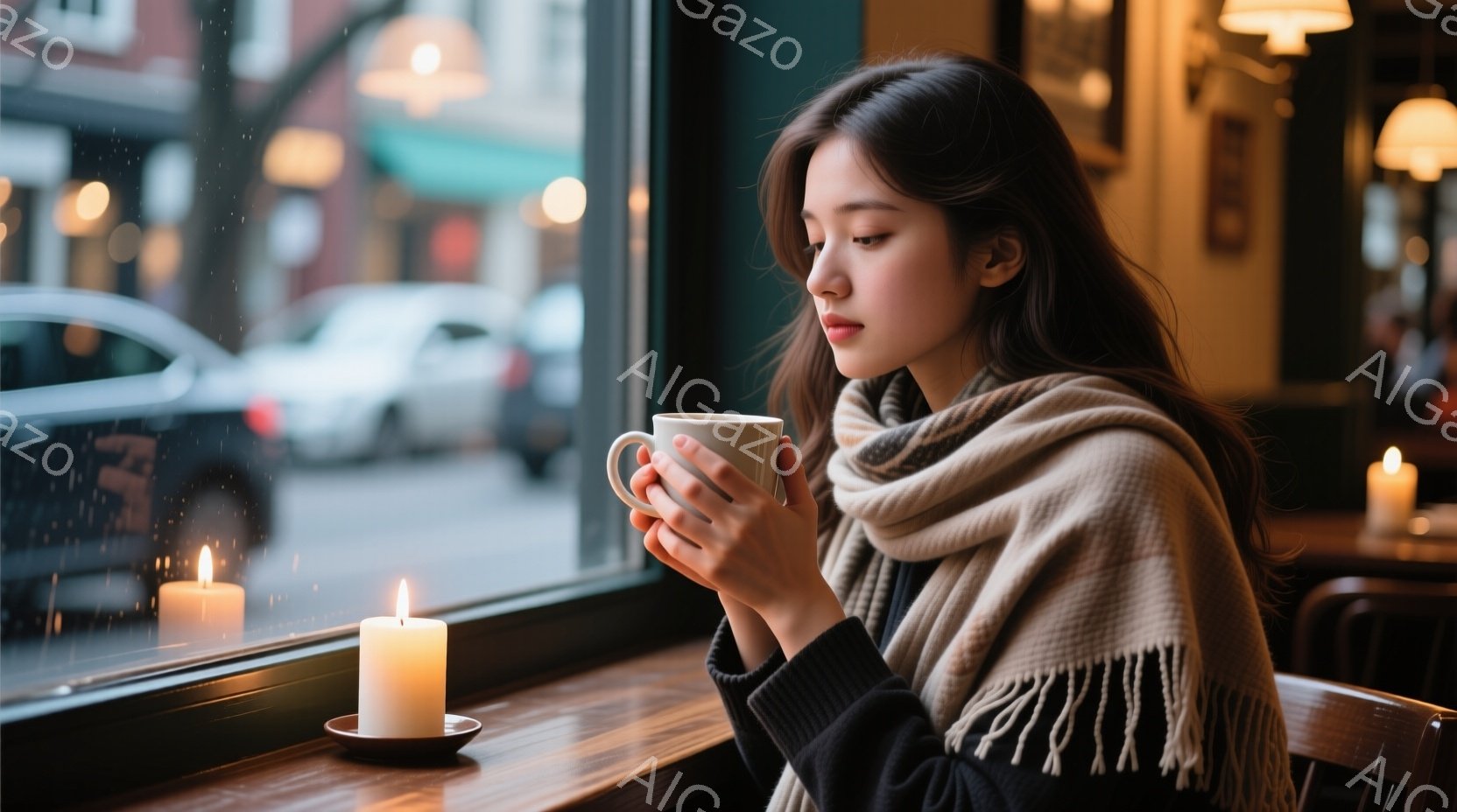 長い黒髪をなびかせ、ベージュのフリンジ付きショールを肩にかけた女性が、窓の外を静かに見つめている。彼女は黒いセーターを着ており、両手で温かい飲み物が入ったカップを抱えている。窓の外は雨が降っており、街の建物がぼやけて見える、室内はキャンドルの光で温かく穏やかな雰囲気が漂っている。