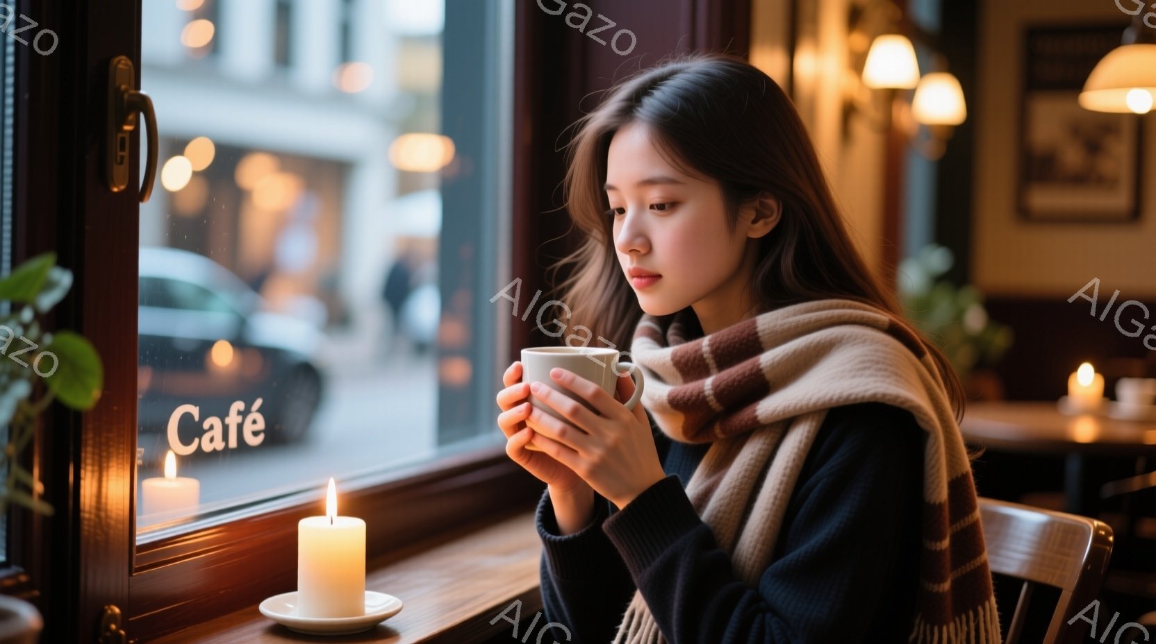 窓際のカフェで、女性が温かい飲み物を両手で抱え、物思いにふけっている様子が描かれている。彼女は黒いセーターとチェック柄のショールを身につけ、長い髪を肩から下ろしている。窓の外は雨が降る街並みで、カフェ - AI生成フリー素材