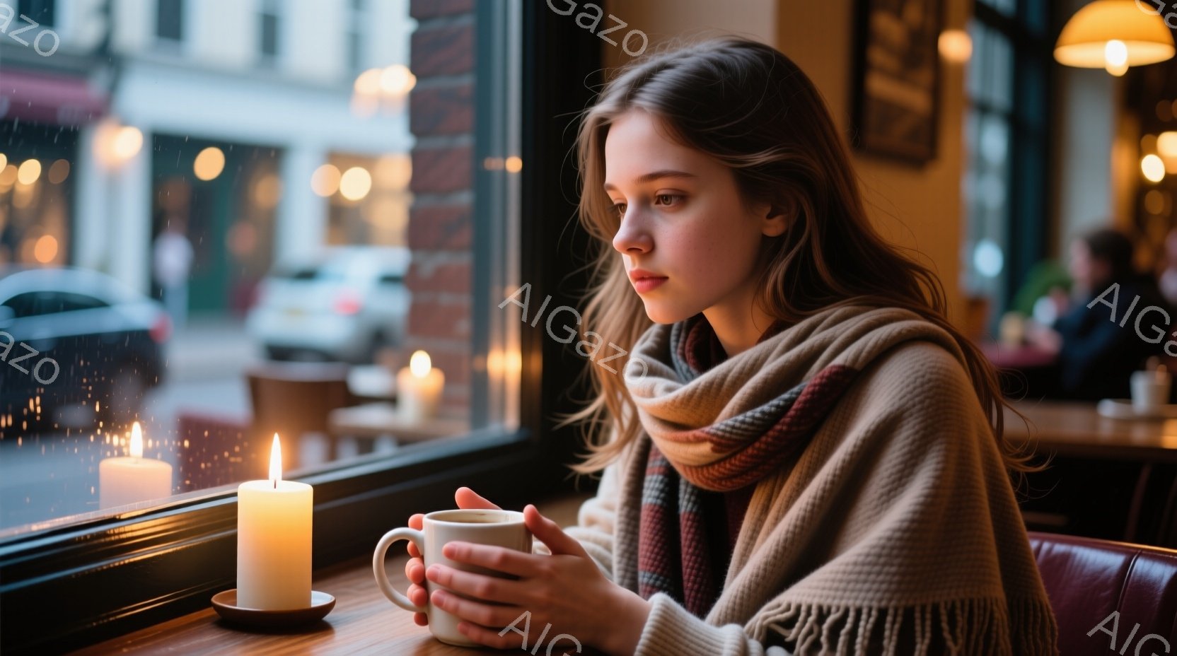 窓際の女性は、ベージュ色のニットと、フリンジ付きの暖かいスカーフを身に着けている。彼女は窓の外の雨を見つめ、少し物憂げな表情を浮かべながら、温かい飲み物を両手で抱えている。背景には雨の降る街並みと、ぼ - AI生成フリー素材