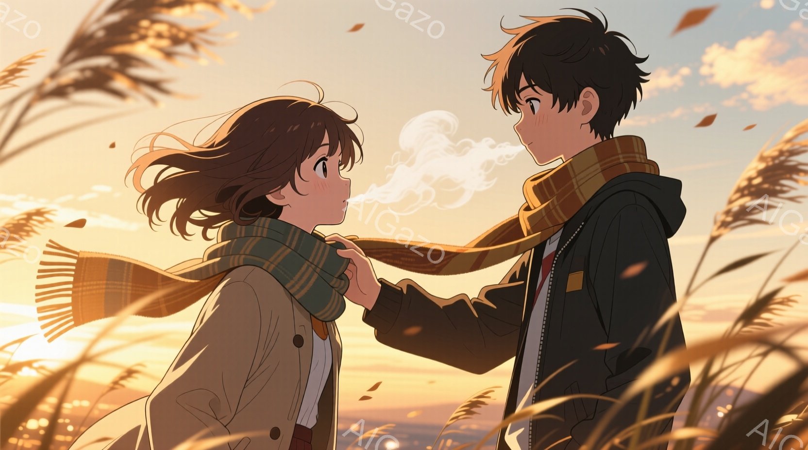 長い茶色の髪を持つ女性と、黒い髪の男性が寄り添って立っています。女性はベージュ色のコートを着ており、男性は黒いジャケットを着ています。二人はオレンジと黄色の暖かい色調の背景の、枯れた草の原に立っており - AI生成フリー素材