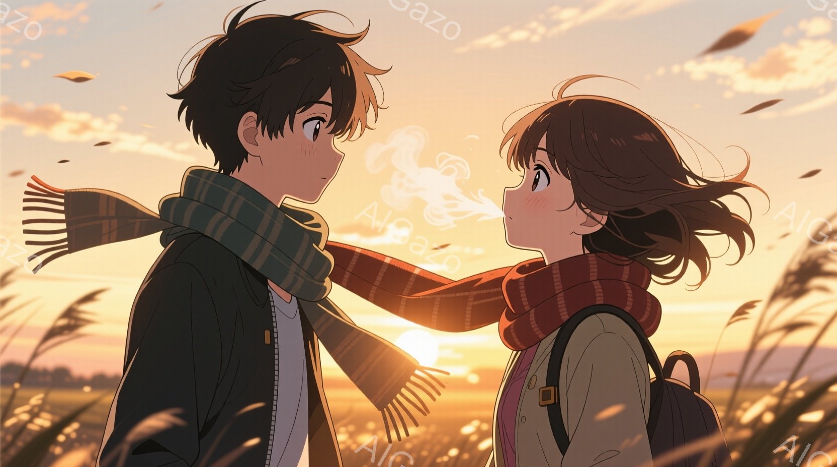 夕焼けを背景に寄り添う男女が描かれています。少年は黒髪で、赤いストールを巻き、ジャケットを着ています。少女は茶色の巻き髪で、白いジャケットを着ており、口元から湯気が立ち上り、頬を赤らめています。