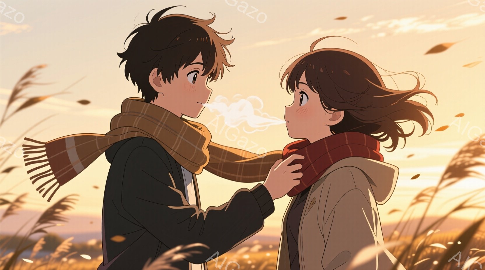 少年と少女が夕暮れ時の草むらの中に立っている。少年は黒髪で、赤いストールを巻き、少女を見つめている。少女は茶色のロングヘアで、白いパーカーを着ており、息を吐いて白い蒸気を上げている。