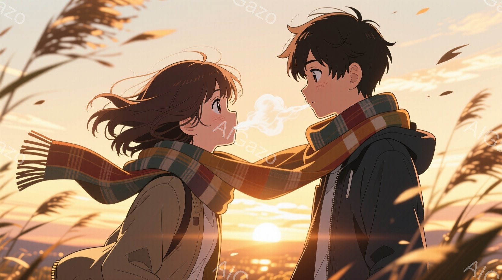 少女と少年が夕暮れ時に並んで立っており、互いに顔を見つめ合っています。二人は暖かいチェック柄のマフラーを共有しており、少年の息が白い吐息となって現れています。背景には夕日に照らされた街並みと、風に揺れる草が描かれ、穏やかでロマンチックな雰囲気を醸し出しています。
