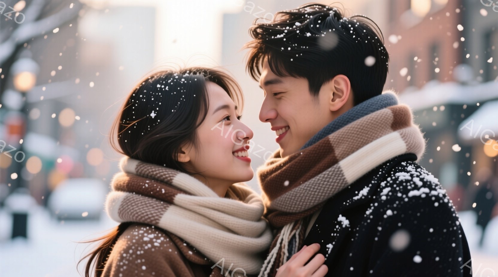 雪が舞う街中で、若い男女が寄り添い、顔を見合わせて微笑んでいる。女性は長い茶色の髪を持ち、ベージュのコートとチェック柄のマフラーを着用し、男性は黒い髪で、同様にマフラーを巻いている。背景にはぼやけた建 - AI生成フリー素材