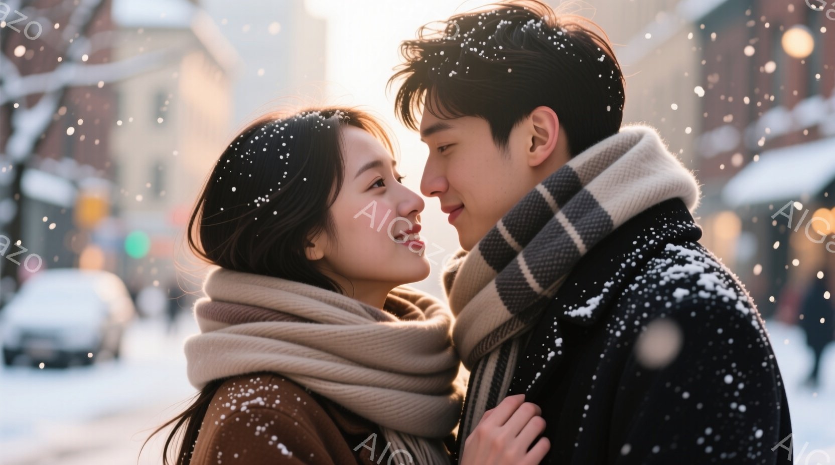 雪が舞う街中で、若い男女が寄り添って微笑み合っている。女性はロングヘアをほどかし、ベージュのニットとマフラーを巻き、暖かく優しい表情をしている。男性は黒いコートを着ており、女性を見つめる穏やかな眼差し - AI生成フリー素材