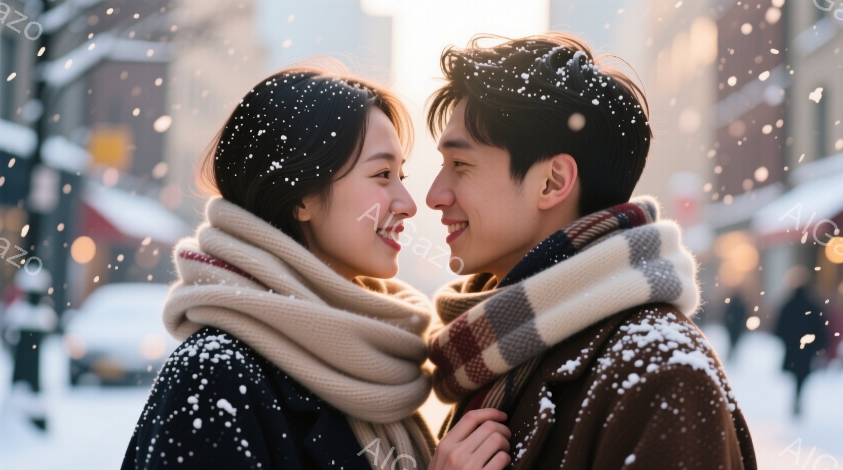 街中で寄り添い合う若い男女が写っています。女性は黒いコートに白いマフラーを巻き、笑顔を見せています。男性も茶色のコートにチェック柄のマフラーを巻き、優しい表情で女性を見つめており、背景には雪が舞う街並 - AI生成フリー素材