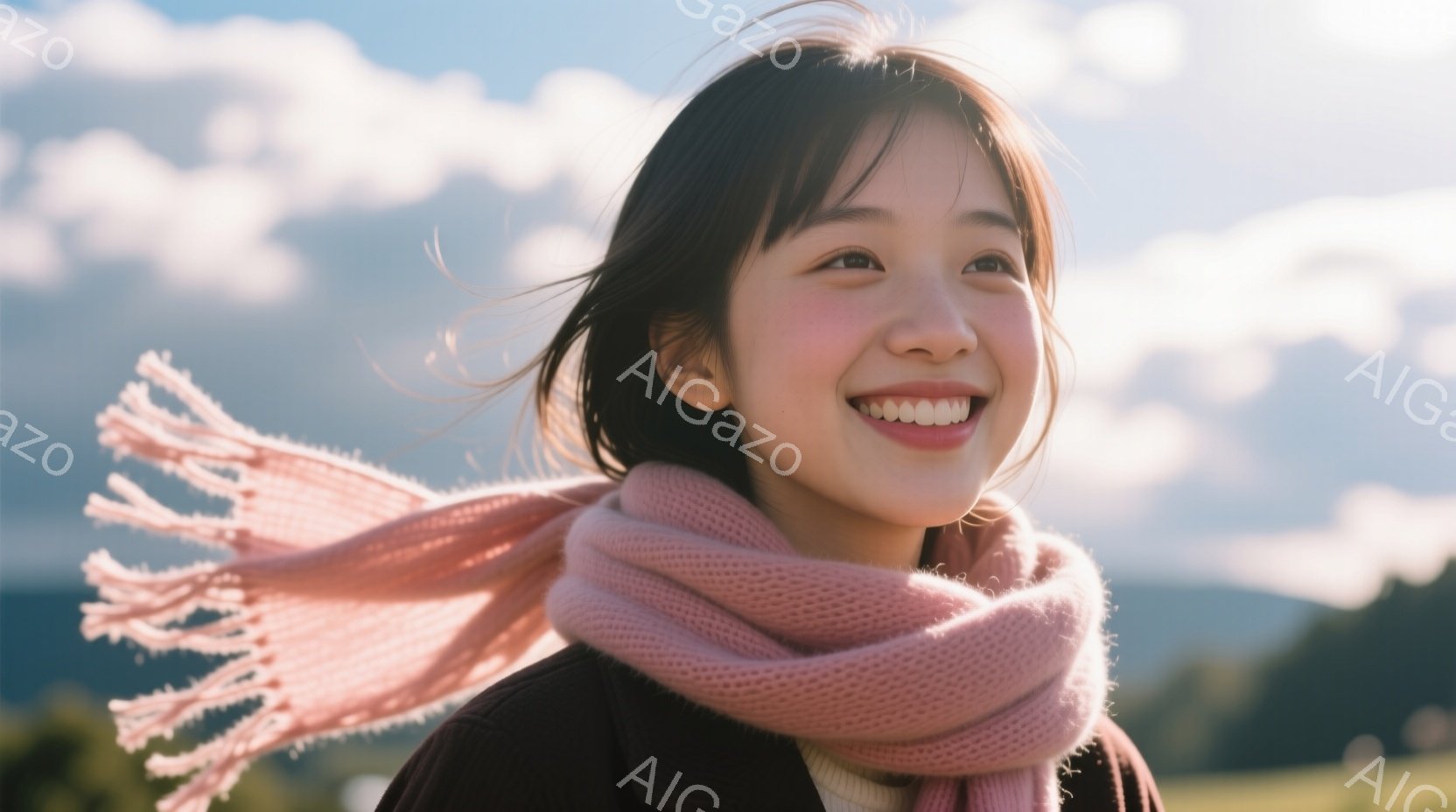 明るい日差しの下、笑顔の女性が写っている。彼女は黒いジャケットに白いインナーを着ており、ピンク色のマフラーが風になびいている。背景には緑の丘と青い空が広がり、穏やかで希望に満ちた雰囲気を醸し出している - AI生成フリー素材