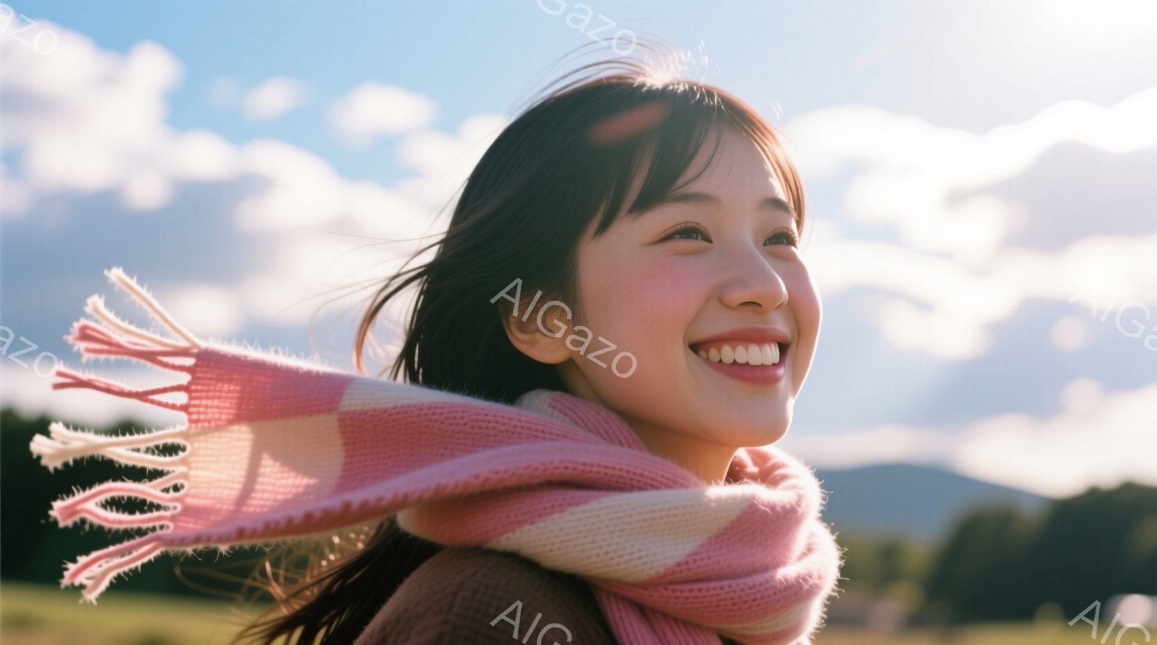 若い女性が、ピンクと白のストライプのスカーフを首に巻き、満面の笑みを浮かべている。彼女は少し横を向き、髪が風になびき、背景には緑の草原と遠くの山々が広がっている。晴天の下、明るく暖かい雰囲気の屋外ポー - AI生成フリー素材