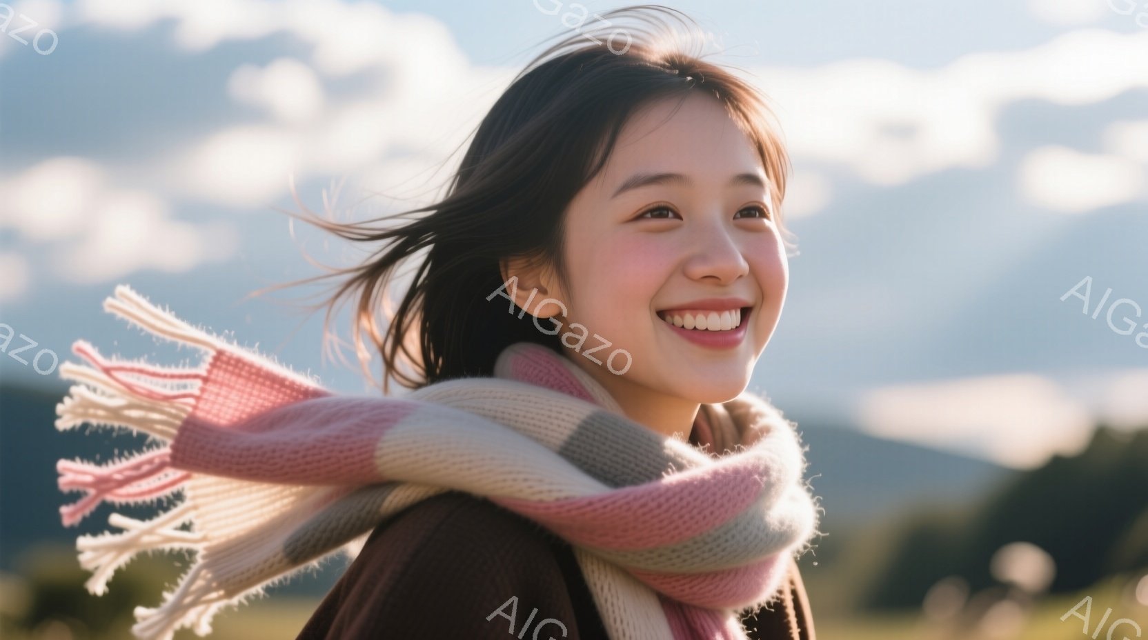 明るい笑顔を見せる若い女性が写っています。彼女は茶色のセーターを着て、ピンクと白のストライプの暖かいスカーフを首に巻いています。背景には緑豊かな山々と青い空が広がり、晴れた穏やかな日の自然の中でリラッ - AI生成フリー素材