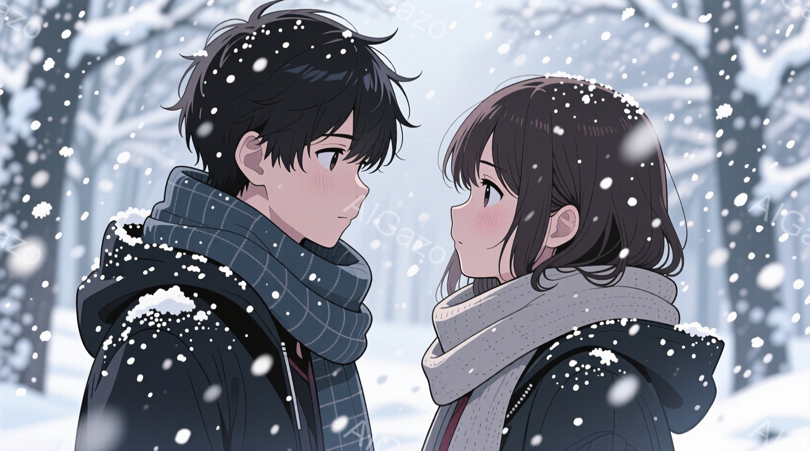 少年と少女が雪の中で見つめ合っています。少年は黒い髪で、黒いジャケットにチェックの巻き物、少し恥ずかしそうな表情をしています。少女は茶色の髪を肩まで伸ばし、黒いパーカーを着て、頬を赤らめながら少年を見つめています。