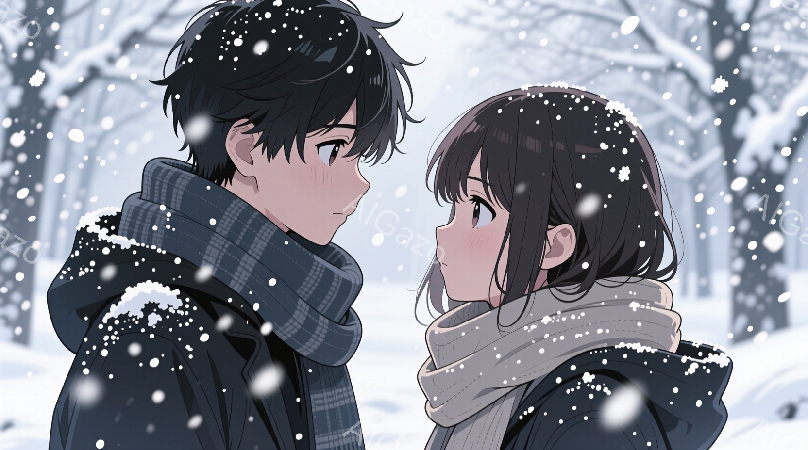 少年と少女が雪の中で向かい合っている。少年は黒い髪で、チェック柄のマフラーを巻き、少し憂いを帯びた表情をしている。少女は茶色の髪を肩まで伸ばし、白いマフラーを巻き、頬を赤らめている様子から、照れているか困惑している様子が伺える。