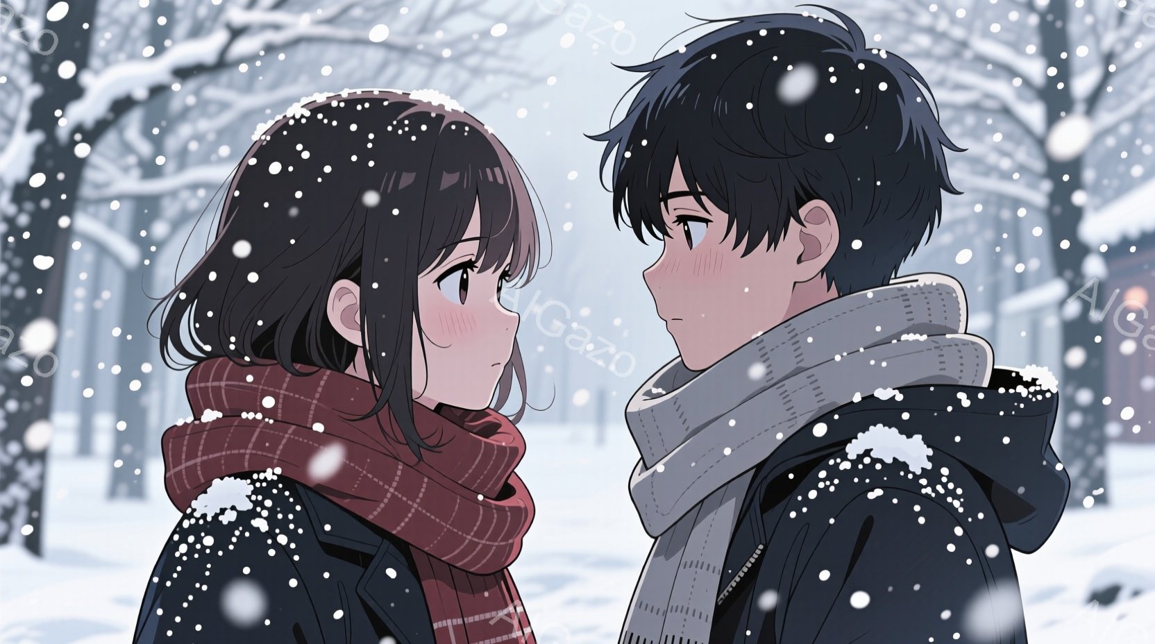 雪が降る冬の日に佇む若い男女が描かれています。女性は茶色のショートヘアで、赤いチェック柄のマフラーを首に巻いており、頬を赤らめています。男性は黒髪で、白いマフラーを巻き、少し憂いを帯びた表情をしていま - AI生成フリー素材
