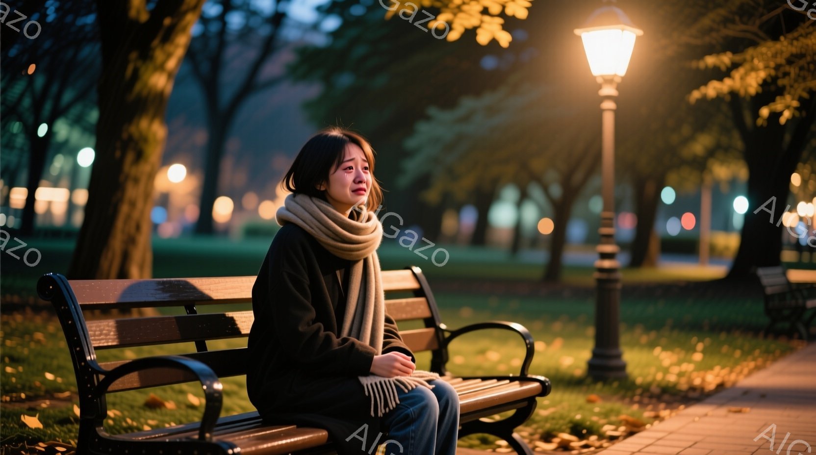 彼女は公園のベンチに座り、何か悲しんでいる様子だ。黒いセーターにマフラーを巻き、顔は憂鬱で涙目になっている。背景には木々と街灯があり、落ち葉が散らばっていることから、秋または冬の夜であることがわかる。