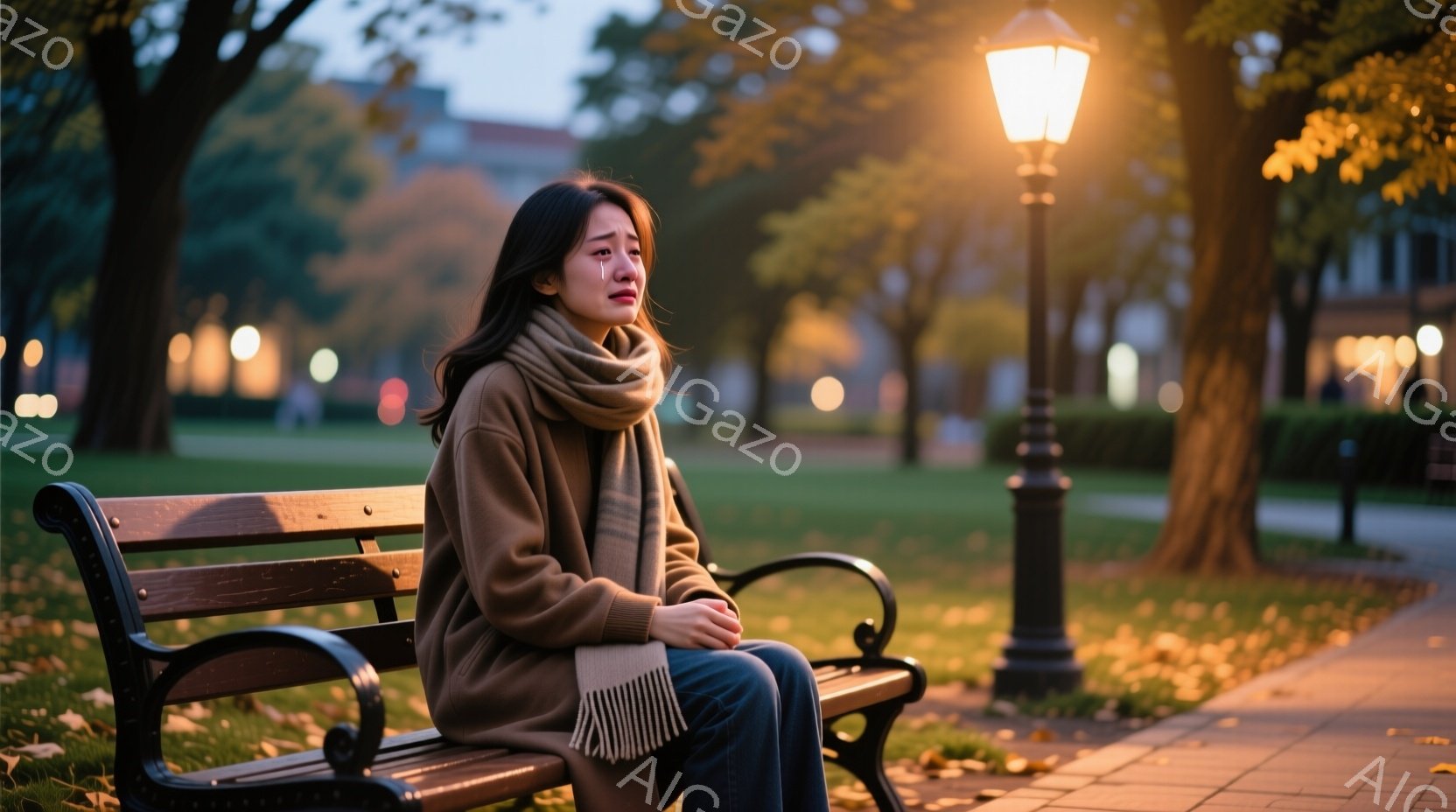彼女は公園のベンチに座り、悲しげな表情をしています。茶色のコートとマフラーを巻き、ジーンズを履いています。背景には木々が生い茂り、街灯が灯り、秋の夜の静かで物憂げな雰囲気を醸し出しています。 - AI生成フリー素材