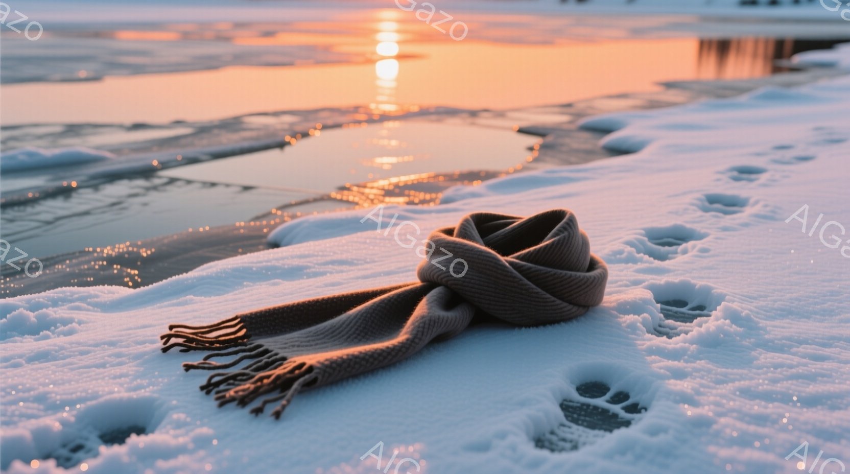 雪の上に茶色とベージュの縞模様の暖かいスカーフが置かれている。背景には、夕焼けの光が反射してオレンジ色に輝く凍った湖面が広がり、足跡が雪の上に点在している。全体的に静かで穏やかな冬の風景が表現されており、暖かなスカーフが寒さを和らげるような印象を与える。